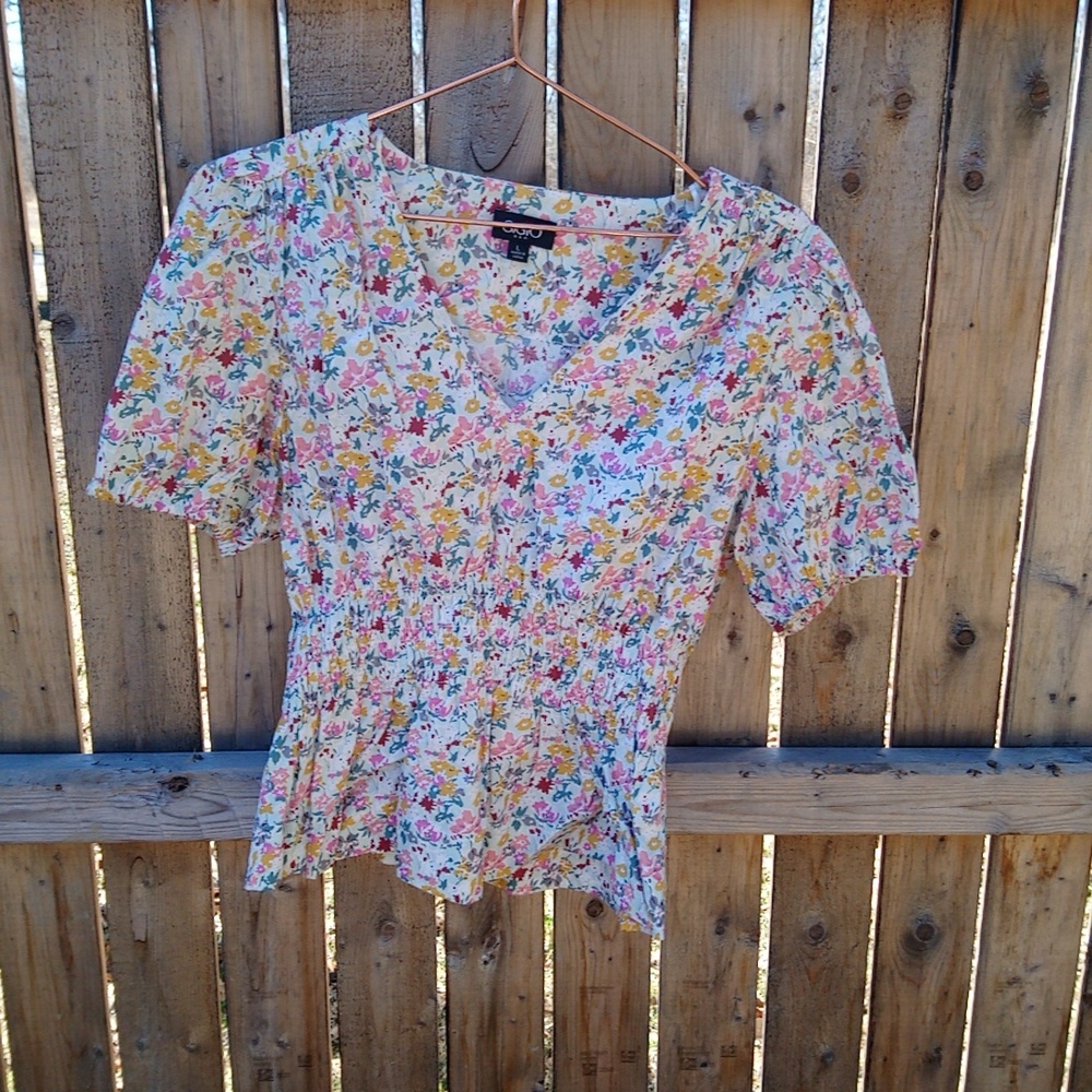 GiGiO Boho Floral Flower Print Pattern Short Sleeve V Neck Blouse Top